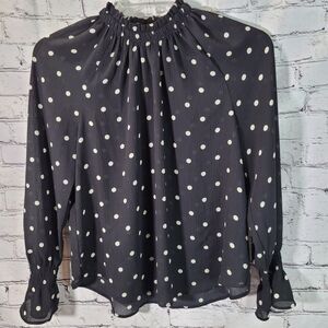 LOFT Polka Dot Blouse Womens Small Black Excellent‎ Ruffle Neck Smocked Cuff Top